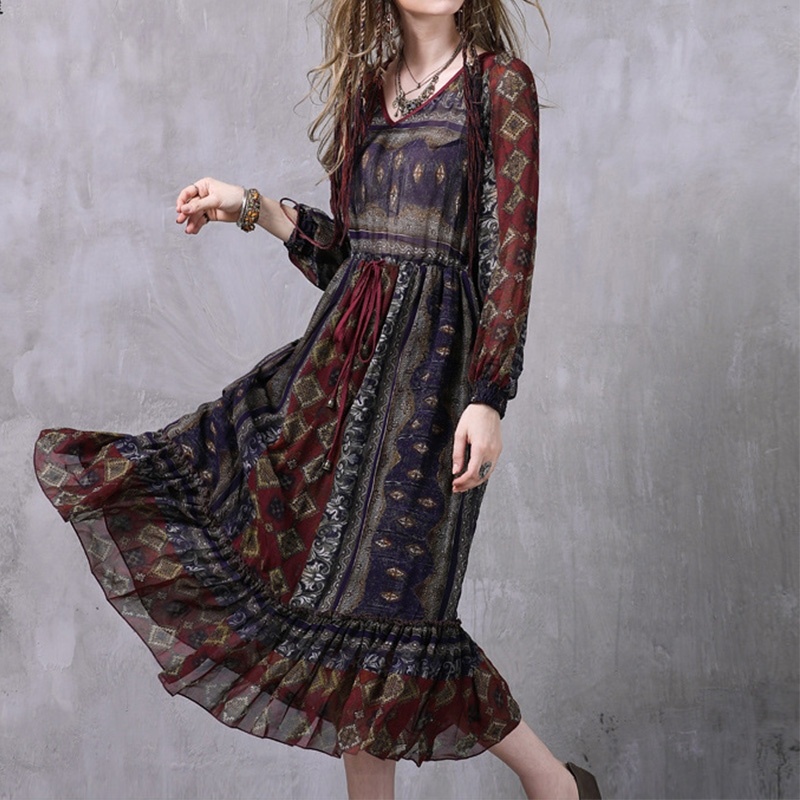 Plus Size Chiffon Ethnic Style Printed Ruffled Dress | VoguesUs
