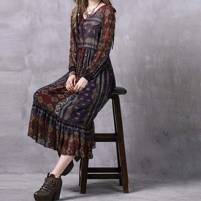 Plus Size Chiffon Ethnic Style Printed Ruffled Dress | VoguesUs