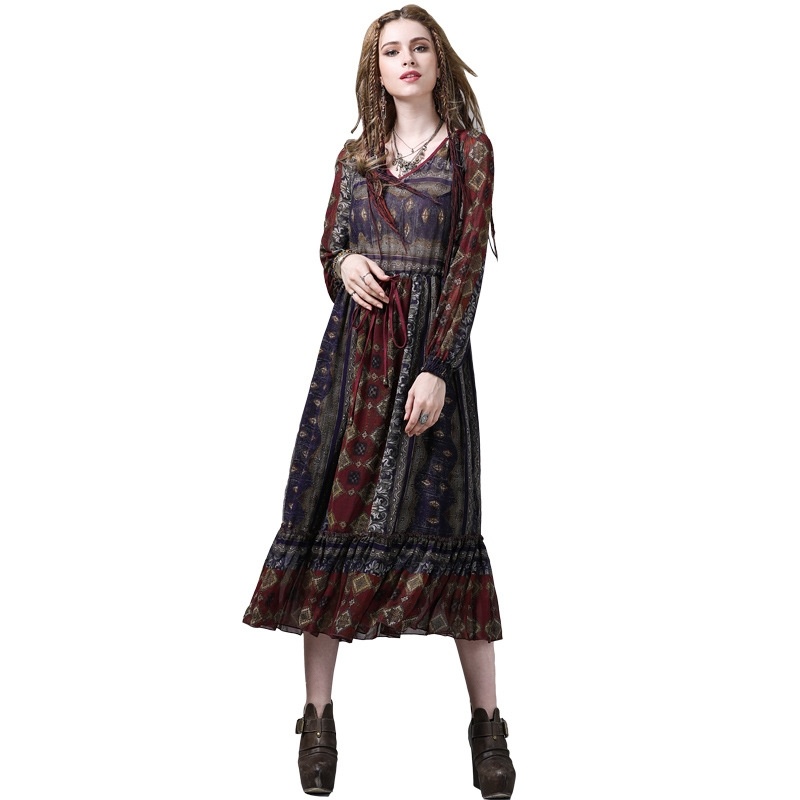 Plus Size Chiffon Ethnic Style Printed Ruffled Dress | VoguesUs