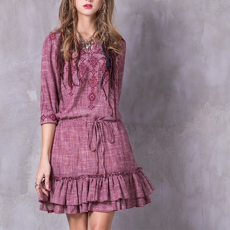 Ruffled Skirt Retro Embroidered Sleeve Dress | VoguesUs
