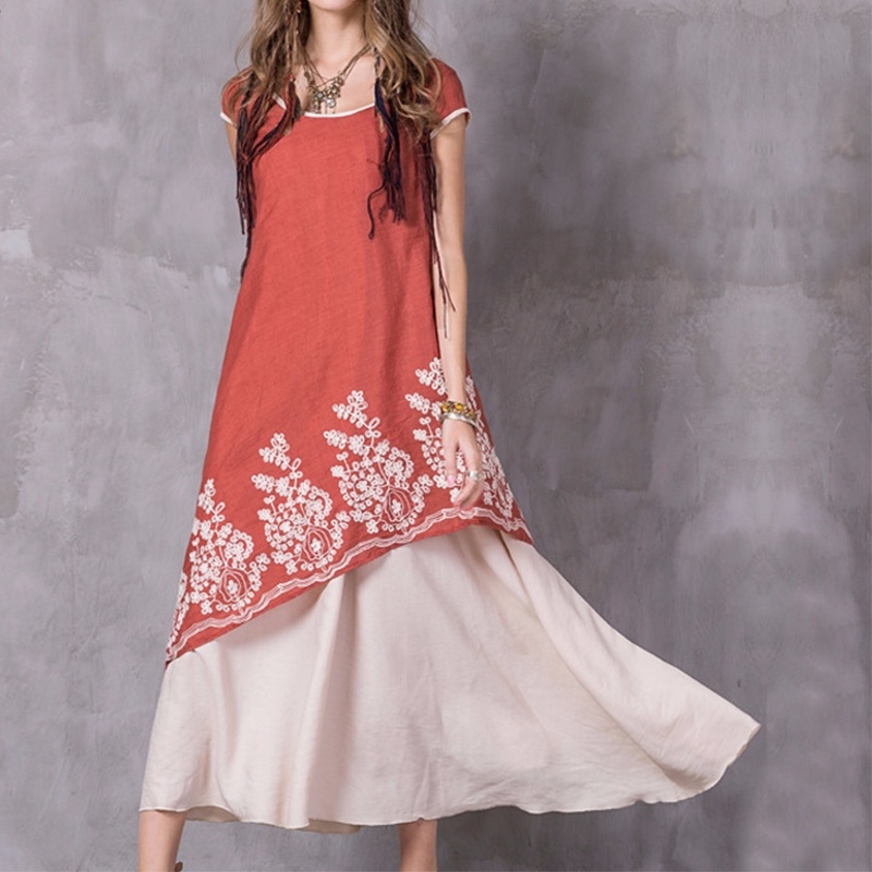 Large Hemline Retro Embroidery Layered Dress | VoguesUs