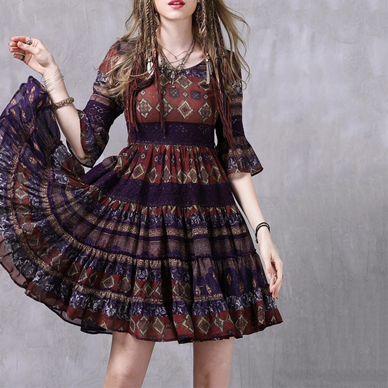 Ruffled Chiffon Ethnic Wind Round Neck Dress | VoguesUs