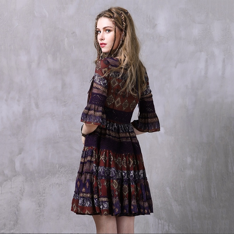 Ruffled Chiffon Ethnic Wind Round Neck Dress | VoguesUs