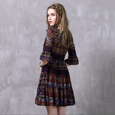 Volants En Mousseline De Soie Ethnique Vent Col Rond Robe | VoguesUs