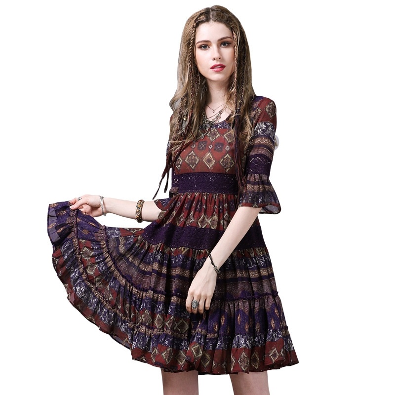 Ruffled Chiffon Ethnic Wind Round Neck Dress | VoguesUs