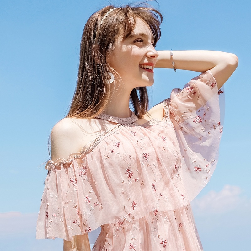 Lotus Leaf Embroidery Chiffon Dress