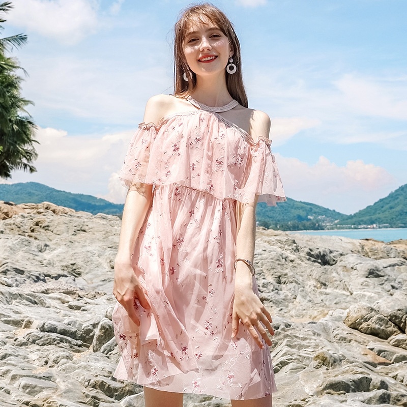 Lotus-Blatt-Stickerei-Off-Schulter-Chiffon-Kleid | VoguesUs