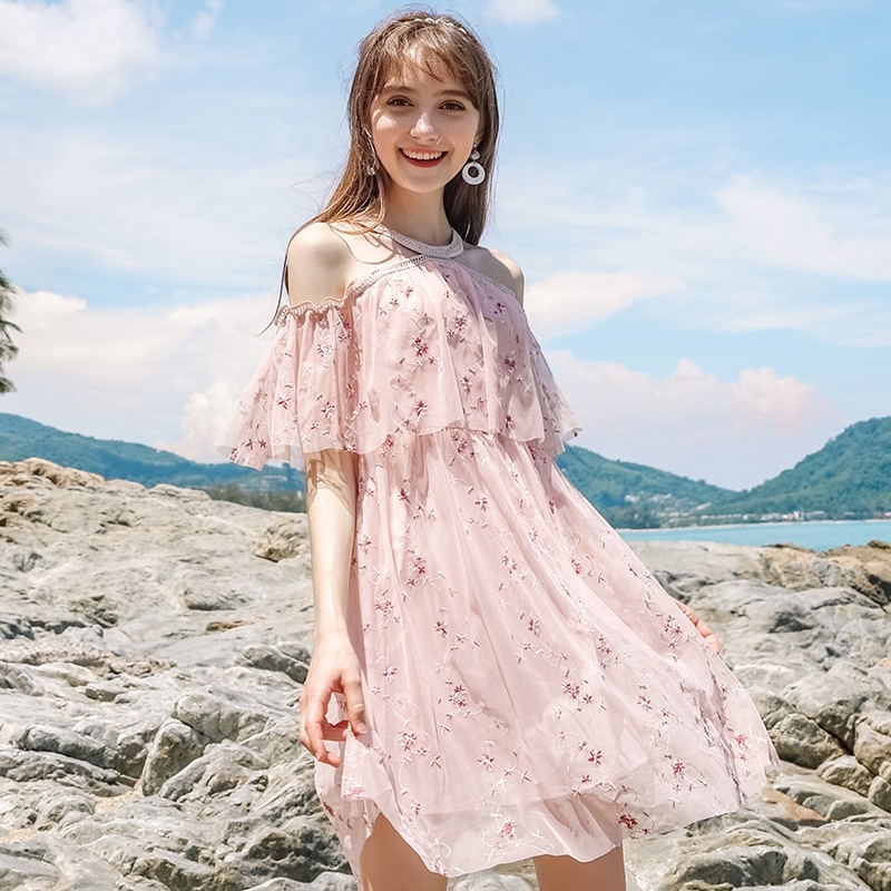 Lotus-Blatt-Stickerei-Off-Schulter-Chiffon-Kleid | VoguesUs
