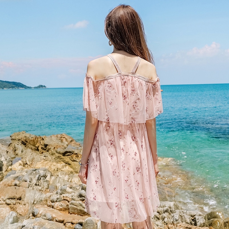 Lotus Leaf Embroidery Chiffon Dress