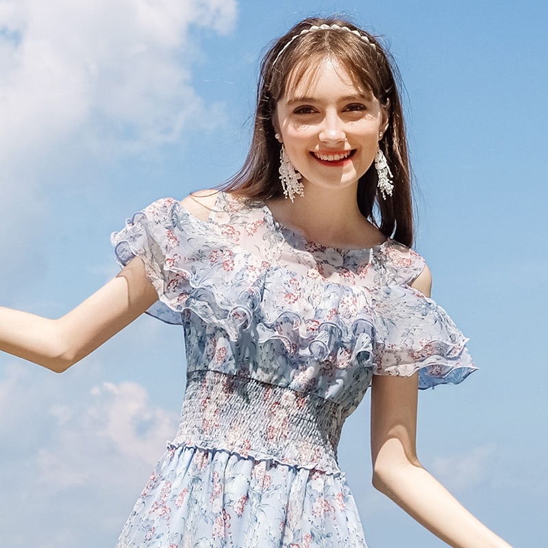Lotusblatt Ärmel Print Kalte Schulter Chiffon-Kleid | VoguesUs