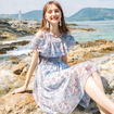 Lotusblatt Ärmel Print Kalte Schulter Chiffon-Kleid