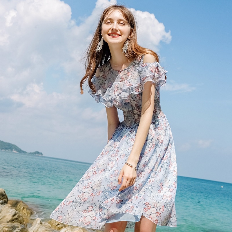 Lotusblatt Ärmel Print Kalte Schulter Chiffon-Kleid | VoguesUs
