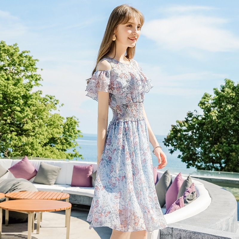 Lotus Leaf Sleeve Print a-Chiffon Dress