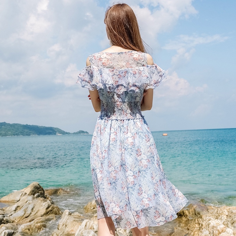 Lotusblatt Ärmel Print Kalte Schulter Chiffon-Kleid | VoguesUs