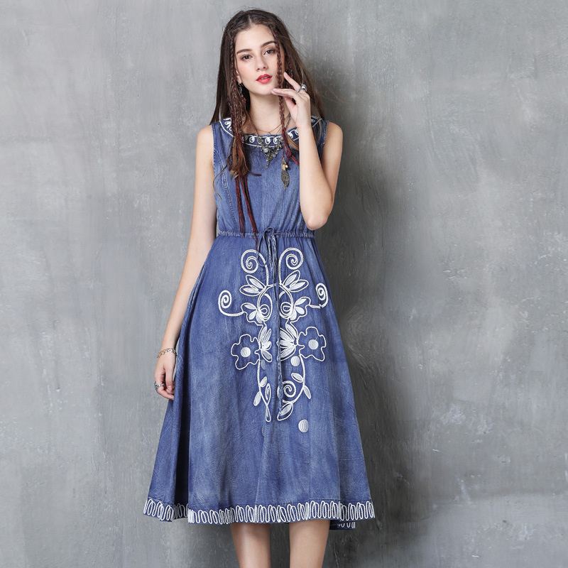 Embroidered Denim Retro Drawstring Dress | VoguesUs