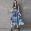 Women‘s Embroidered Blue Plaid Ruffle Hem Dress