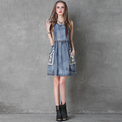 Vest Embroidery Sleeveless Denim Dress | VoguesUs