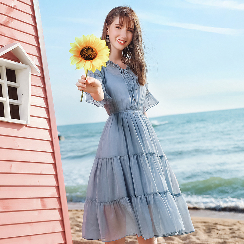 Bleu Couture Ourlet À Volants En Mousseline De Soie Une Ligne Robe | VoguesUs