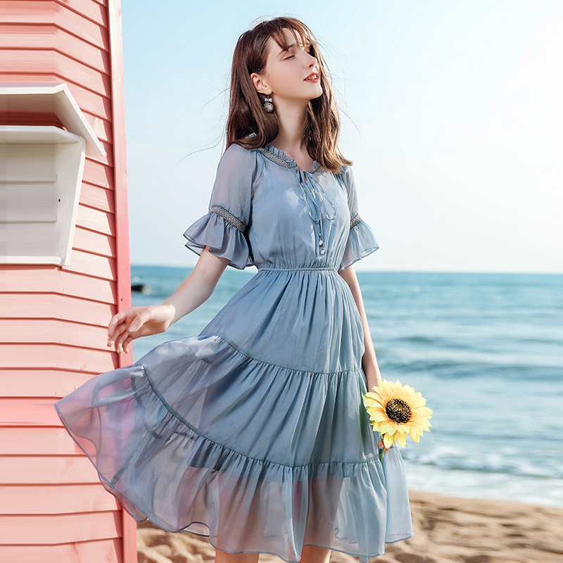 Bleu Couture Ourlet À Volants En Mousseline De Soie Une Ligne Robe | VoguesUs