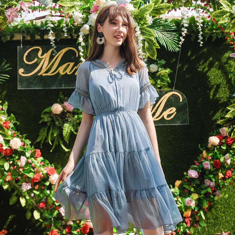Bleu Couture Ourlet À Volants En Mousseline De Soie Une Ligne Robe | VoguesUs