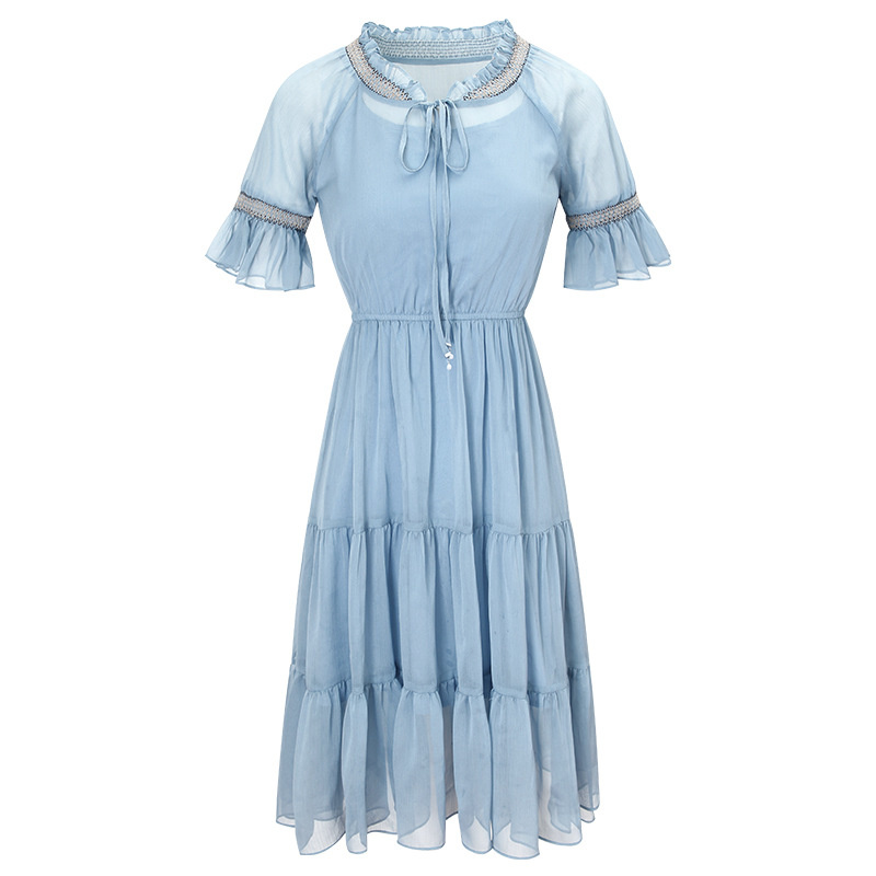Bleu Couture Ourlet À Volants En Mousseline De Soie Une Ligne Robe | VoguesUs