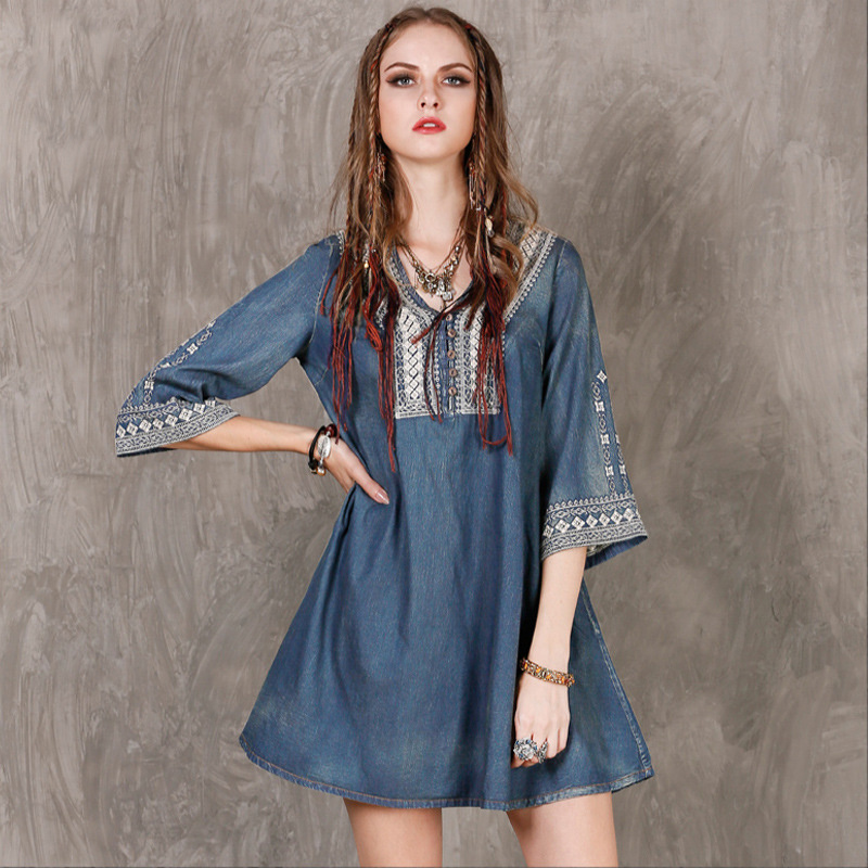 Loose Cowboy Vintage Embroidered Large A-Line Dress | VoguesUs