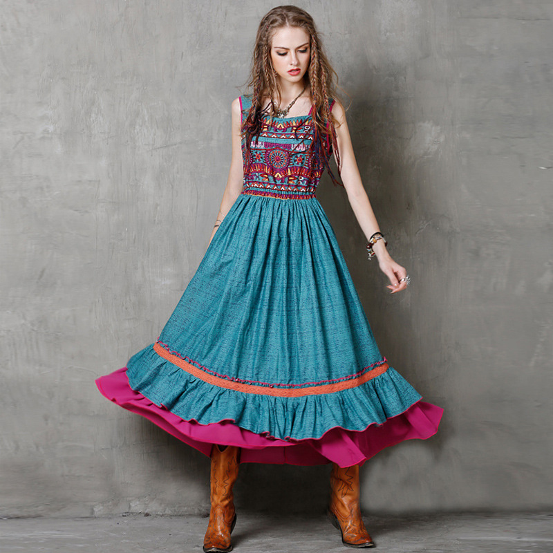 Peacock Blue Printed Long Layered Ruffle Hem Dress | VoguesUs