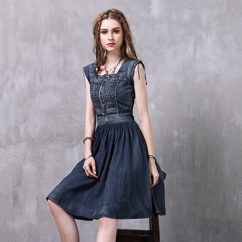 Elegant Denim Skirt Vintage Waist Dress | VoguesUs