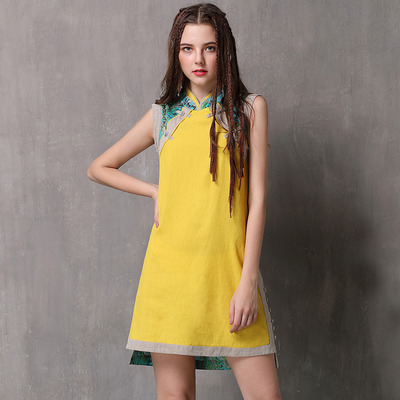 Plate Buckle Cheongsam Stitching Vest Dress