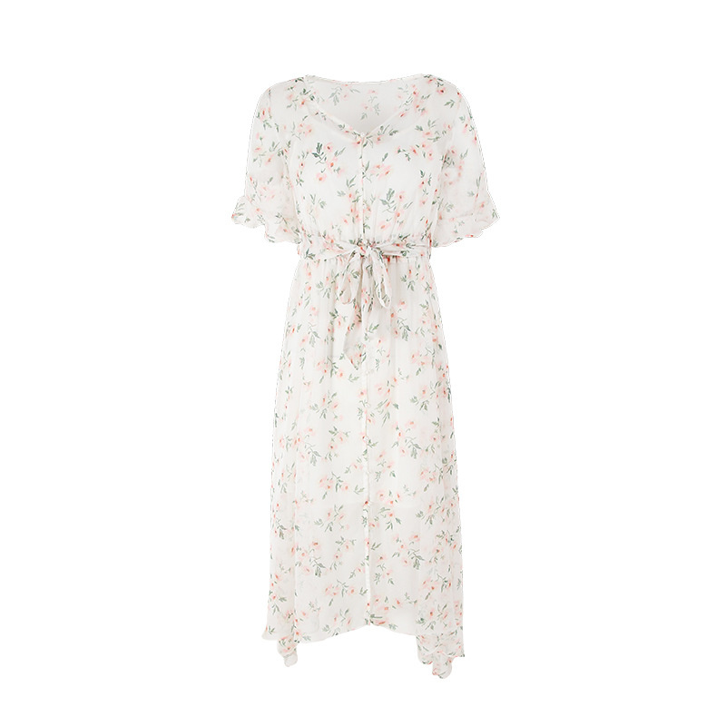 Horn Sleeve Floral Printed Chiffon Dress | VoguesUs