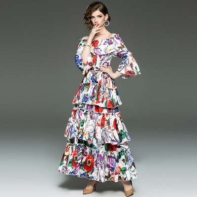Élégant Double Couche De Maille En Soie À Imprimé Floral Robe Maxi Costume | VoguesUs