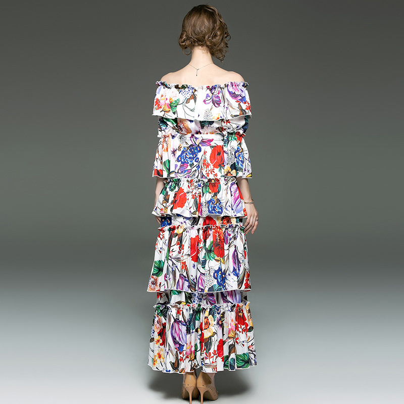 Elegant Double Layer Silk Mesh Floral Print Maxi Dress Suit | VoguesUs