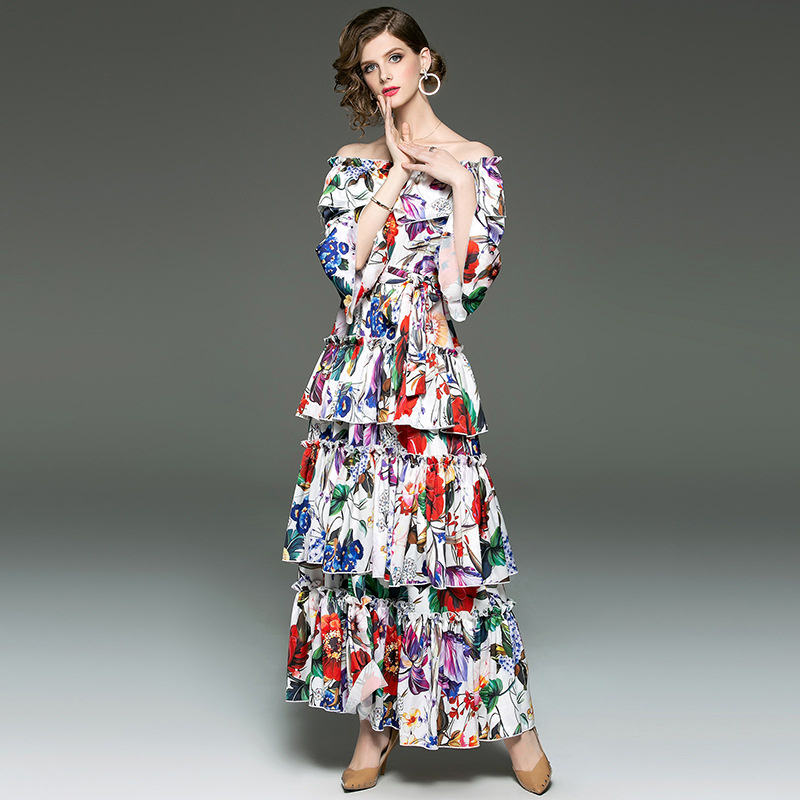 Elegant Double Layer Silk Mesh Floral Print Maxi Dress Suit | VoguesUs