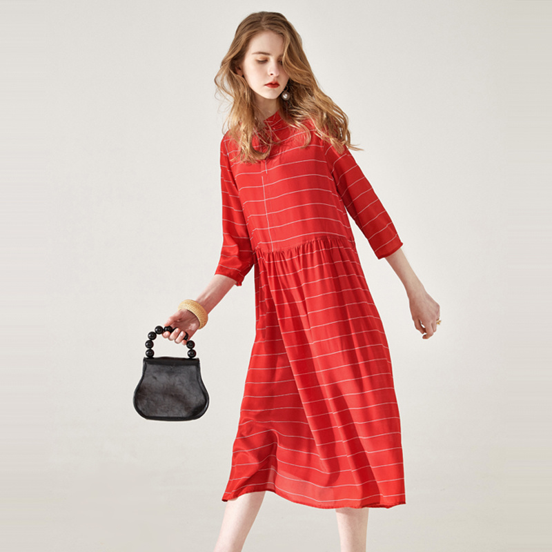 Red Stripe Half Sleeve Pure Silk Dress | VoguesUs