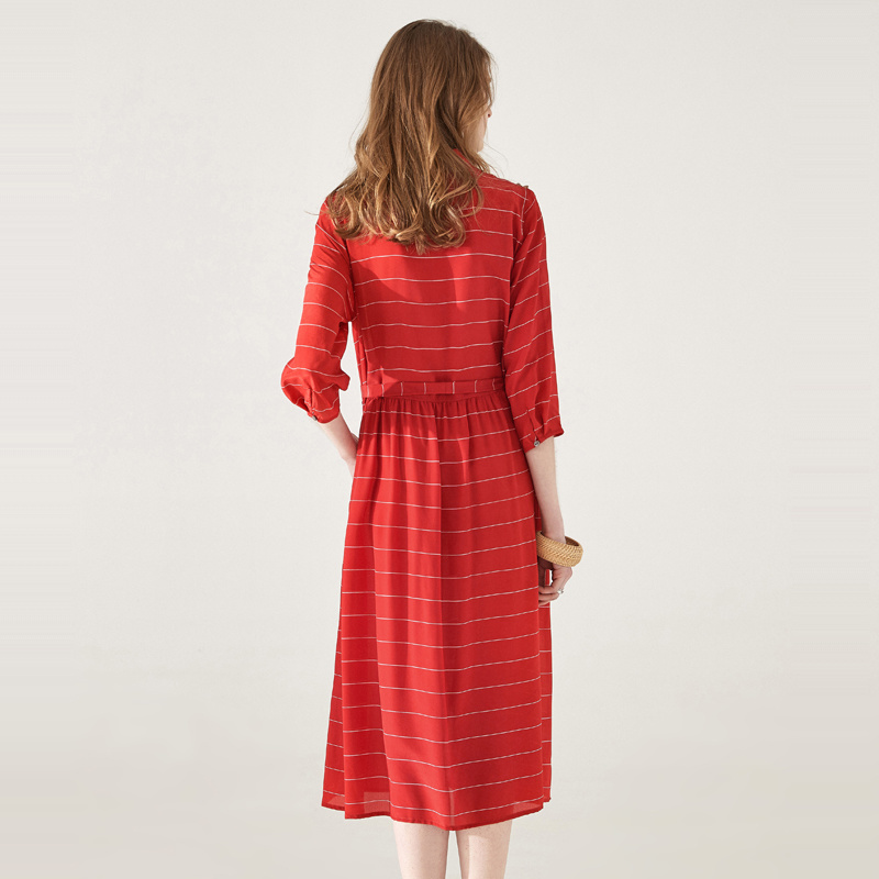 Red Stripe Half Sleeve Pure Silk Dress | VoguesUs