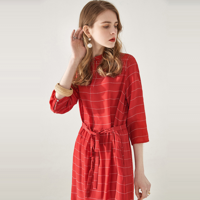 Red Stripe Half Sleeve Pure Silk Dress | VoguesUs