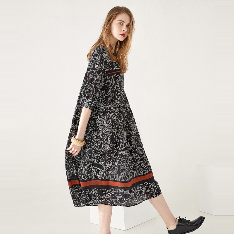 Esquisse De La Peinture Col Rond Bande De Contraste Pure Soie Robe | VoguesUs