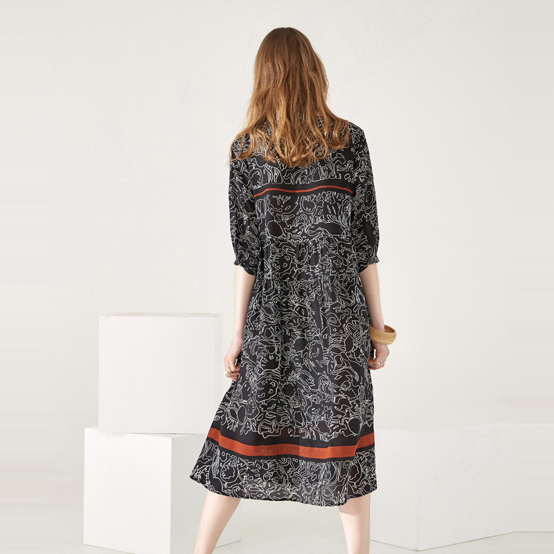Skizze Malerei Rundhalsausschnitt Kontrast-Streifen-Reine Seide-Kleid | VoguesUs