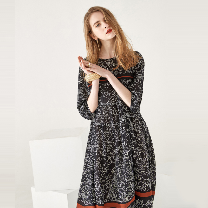 Esquisse De La Peinture Col Rond Bande De Contraste Pure Soie Robe | VoguesUs