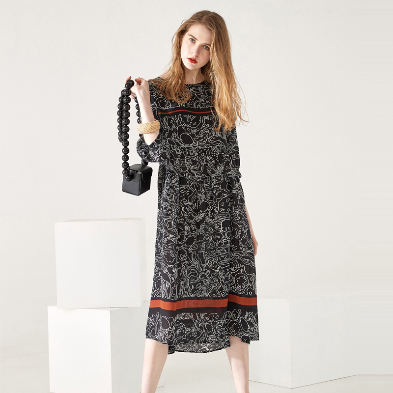 Esquisse De La Peinture Col Rond Bande De Contraste Pure Soie Robe | VoguesUs