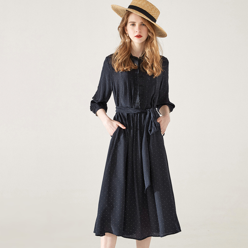 Navy Pleated Polka Dot Pure Silk Dress With Belt | VoguesUs