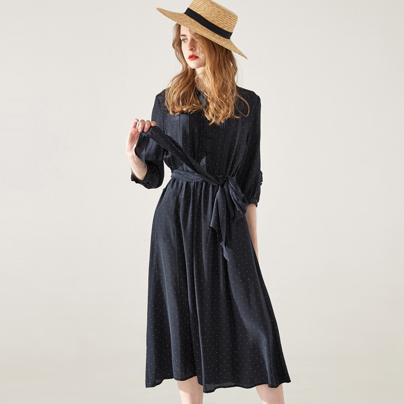 Navy Pleated Polka Dot Pure Silk Dress With Belt | VoguesUs