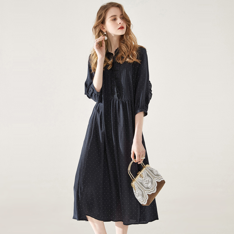 Marine Plissée À Pois En Soie Pure Robe Avec Ceinture | VoguesUs