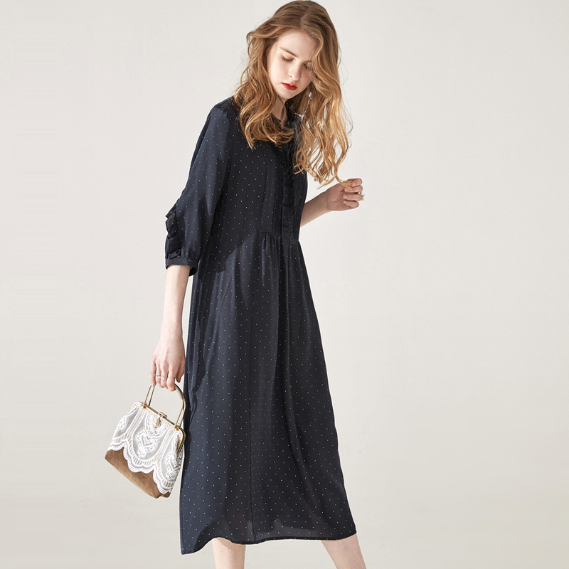 Navy Pleated Polka Dot Pure Silk Dress With Belt | VoguesUs