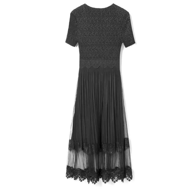 Black Pleated Mesh Shirred Waist Slimming Lace Round Neck Shift Dress | VoguesUs