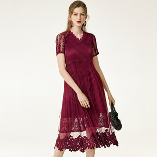 Wein-Rot-Jacquard-Kleid Mit Futter Taille Und Gespleißt Swing | VoguesUs