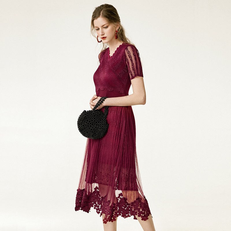 Wein-Rot-Jacquard-Kleid Mit Futter Taille Und Gespleißt Swing | VoguesUs