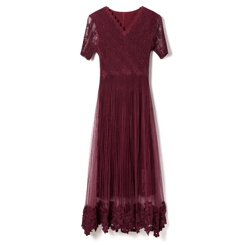 Wein-Rot-Jacquard-Kleid Mit Futter Taille Und Gespleißt Swing | VoguesUs