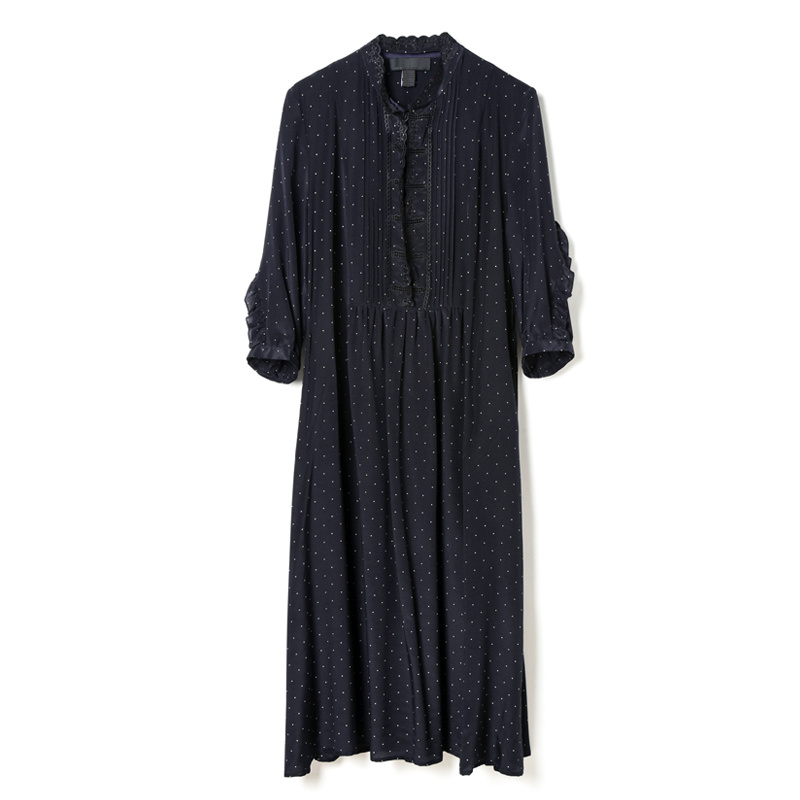 Navy Pleated Polka Dot Reine Seide Kleid Mit Gürtel | VoguesUs