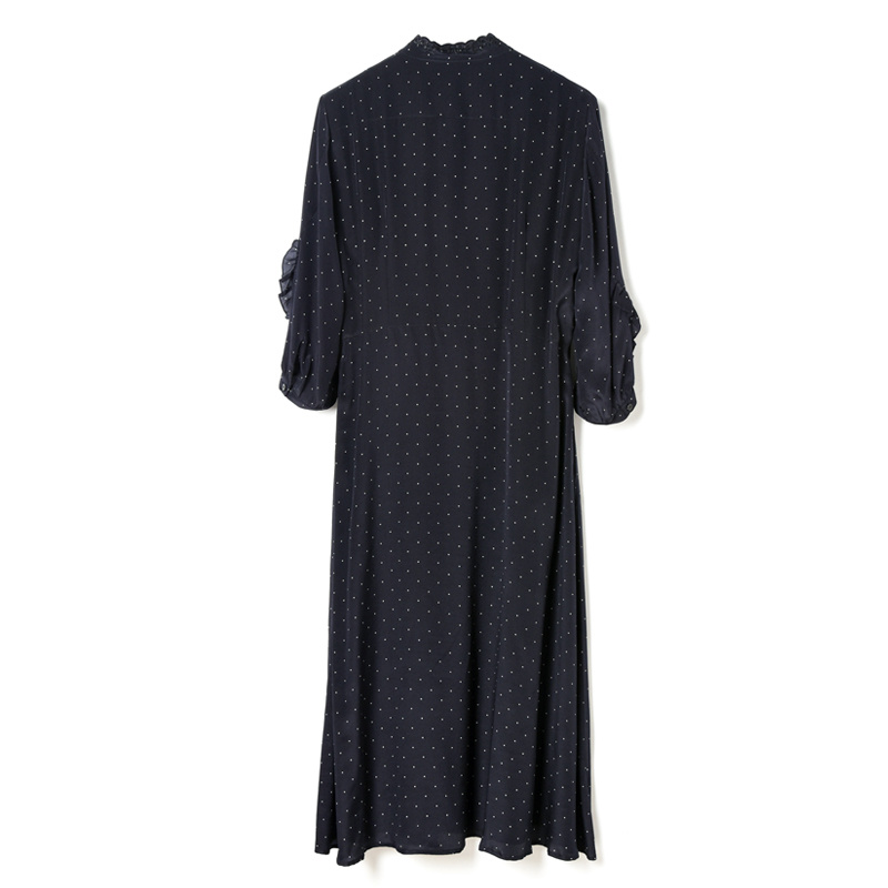Navy Pleated Polka Dot Pure Silk Dress With Belt | VoguesUs